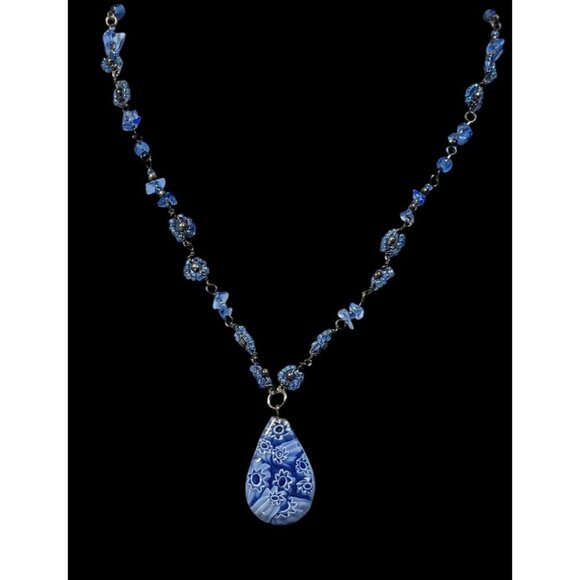 Handmade Blue Millefiori Glass Teardrop Pendant Necklace - Picture 2 of 5